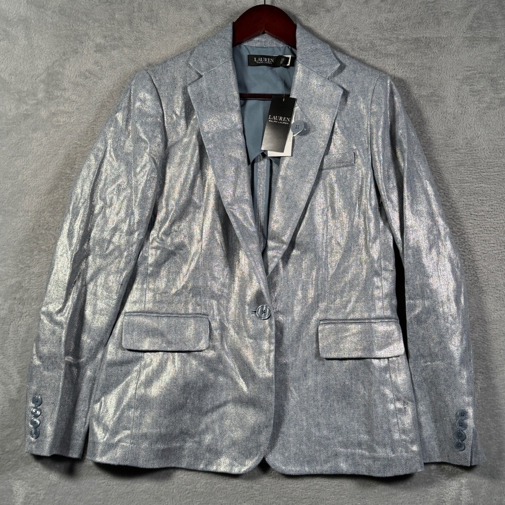 Lauren Ralph Lauren Blazer Womens 4 Foiled Basket Weave Linen Cotton Jacket $365